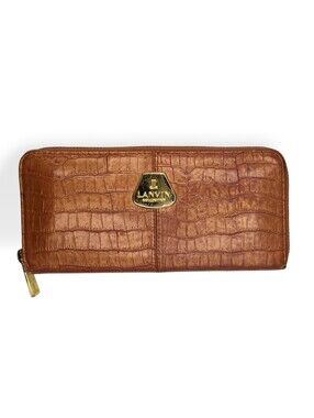 Lanvin Collection Wallet Dark Coral Crocodile Embossed Zip Around Long Accordion